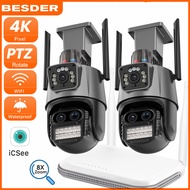 BESDER 8CH มินิ NVR 8MP กล้อง IP สามเลนส์ กล้อง WiFi แบบ Dual Screen การติดตามอัตโนมัติ Ai Body Detection กลางแจ้งกันน้ำสีเต็มวิสัยทัศน์กลางคืน กล้องวงจรปิด