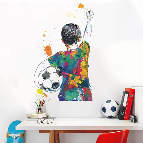 Graffiti Soccer Boy Wall Decal Football Player Wall Art Removable Self-Adhesive Vinyl for Boys Bedro