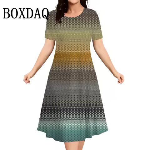 2025 New Women Dresses Summer Fashion Striped Gradient 3D Print Dress Casual O-Neck Short Sleeve Loo