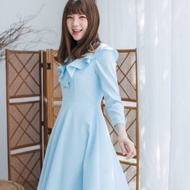 長袖禮服，長袖洋裝，藍色禮服，荷葉邊，傘狀裙，端莊洋裝