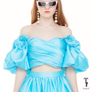 TandT - RONNIE Top - RUFFLE FLOWER PETALS EMBROIDERED PUFF SLEEVE RUCHED TOP เสื้อคร๊อปตัวสั้นเปิดไห