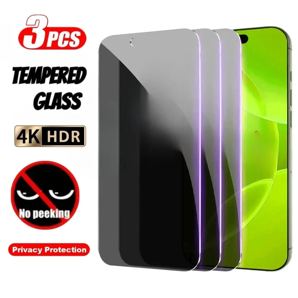 3Pcs 4K Anti Spy Glossy Tempered Glass for iPhone 16 15 14 13 Pro Max 16e Screen Protector for iPhon