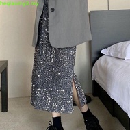 Velvet Sequin Midi Skirt, Women's High Waisted Explosive Black Long Skirt