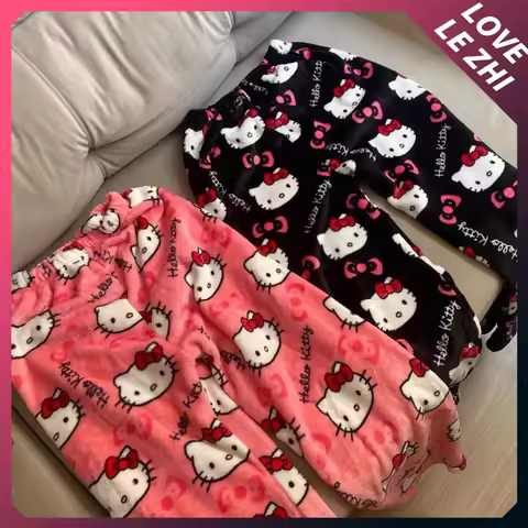 Sanrioed Hello Kittys Flannel Loose Pajamas Fashion Trouserswomen Kawaii Anime Warm Autumn Winter Ca