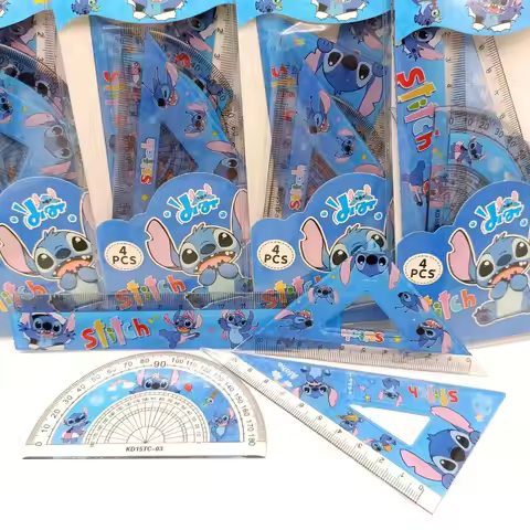 Stitch Stitch Set Ruler Cartoon Straight Ruler Protractor Triangle Ruler 4-Piece Student Stationery