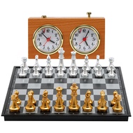 Magnetic Chess Board Game & Wooden Chess Clock Timer, Wind-Up Mechanism, 14" x 14" Inches Chess Boar