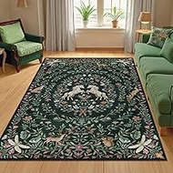 Machine Washable 5x7 Area Rugs for Living Room Unicorn Floral, Non Slip Soft Low Pile Moroccan Vinta