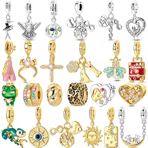 Original 925 Sterling Silver Golden Pets Charms Bead Colorful Zirconium Clover Angel Heart Dangle Fi