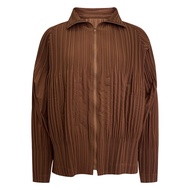 Brown Pleated Stand up collar long sleeved Zip up Jacket for Women