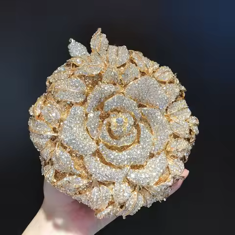 Flower Diamond Bag Rhinestone Banquet Dress Bag Holding Chain Small Round Bag Crystal Evening Clutch