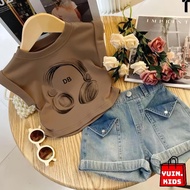 Cute Girls Suit with Dbox Earphone Pattern Age 1-5 Years Children's T-shirt and Denim Pants Set