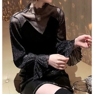 Women's black velvet shirt - 2 Hands (Size 2XL)