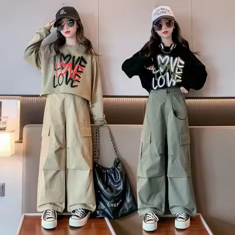 Kid Girls Sweater+Cargo Pants 2Pcs Suit Autumn Teen Clothing Set Fashion Letter Printing Outfits Spr