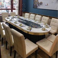 新中式20人餐飲會議兩用長桌橢圓電動餐桌長方形包廂接待旋轉飯桌