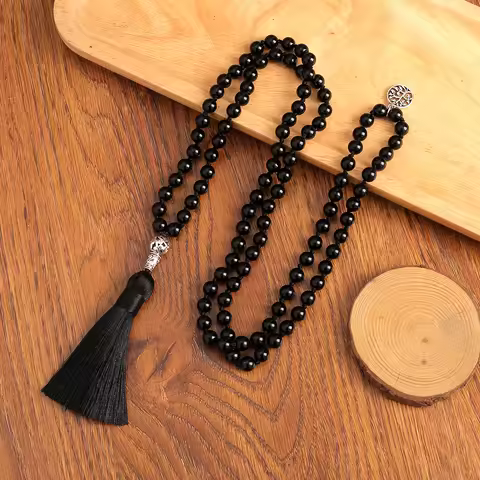 108 Mala Beads Necklace Black Onyx 8MM Rosary Meditation Jewelry Japamala Tassel Necklace with Tree 