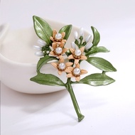 Vintage Green Plant Pearl Tree Flower Brooch BR73