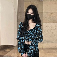 Cik Zuo ada di sini  Lengan Puff Bunga Perancis dari Bahu Baju Pendek Slim Serbaguna Manis Pelindung