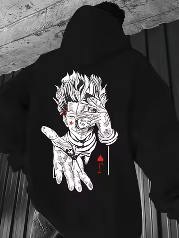 Black Hisoka Hunter X Hunter Hot Anime Graphic Print Hoodie with Joker Casual Card Back Gothic Stree