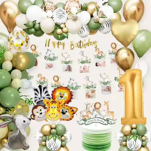 1 2 3 Year Boy Girl Birthday Decorations Jungle Balloon Kit with Photo Banner Lion Tiger Zebra Giraf