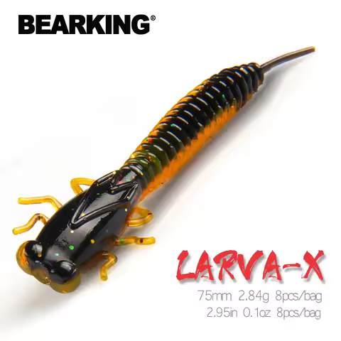 BEARKING Larva 75mm 2.84g 8pcs Artificial Soft Lures Fishing Worm Silicone Bass Pike Minnow Swimbait