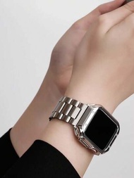 1入Apple Watch手錶帶男女款屏幕保護殼+時尚金屬三珠手錶帶，可兼容Apple Watch系列/SE/8/7/6/5/4/3/2/1，豪華銀色不銹鋼錶帶，可兼容Apple Watch 44mm、42mm、45mm、49mm、38mm、41mm，兼容Apple Watch系列9錶帶，智能手錶帶手錶帶兼容Apple Watch帶手錶帶配件