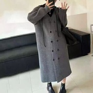 韓系雙排扣連帽假兩件針織外套女裝 秋冬慵懶風中長款毛衣大衣- 灰色 均碼