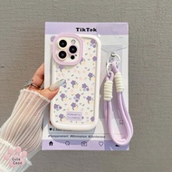 For OPPO A5i A3X A12 A38 A5Pro A57 A16 A15 A7 A5s A17 A18 A95 Ins Purple Flowers Case+Lanyard