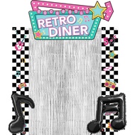 7 Pcs 50's Retro Diner Banner Musical Note Silver Silk Curtains Back to 50's Theme Party Decorations