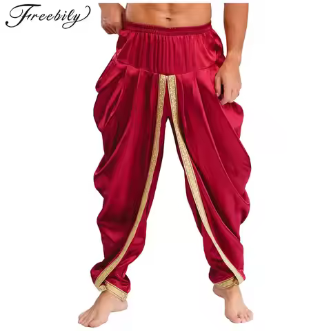 Men Arabian Costume Satin Dhoti Pants Casual Elastic Waistband Draped Baggy Trousers for Halloween E