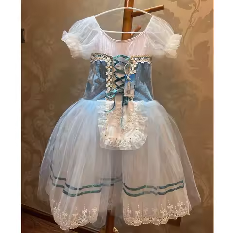 Giselle Ballet Dress Children Girls Professional Romantic Blue Pearl Lace Tutu Long Skirt Costume Ad