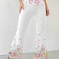 TEMU กางเกงขายาวทรงบานพิมพ์ลายดอกไม้สำหรับผู้หญิง, ทำจากผ้า 95% และ 5%, ใส่ได้ทุกฤดู, เนื้อผ้าใส่สบา