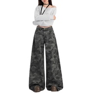 Women Camouflage Denim Jeans American High Street Style Loose Straight Wide Leg Fashion Pants Slimmi
