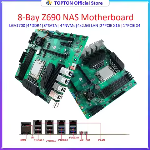 Topton 8-Bay NAS M-ATX Motherboard Z690 LGA1700 12-14th Gen Intel CPU 4xDDR4 8xSATA 4xNVMe 4x2.5G LA