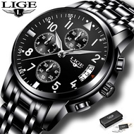 LIGEแฟชั่นสแตนเลสนาฬิกาผู้ชาย​ นาฬิกากันน้ำอนาล็อกควอตซ์นาฟิกาข้อมือที่มีตัวชี้ส่องสว่างโครโนกราฟปฏิทินอัตโนมัติ watch men