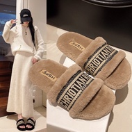 Furry Slippers for Women Fashionable Outdoor Wear 2025 Autumn Winter New Flat Embroidered Slippers