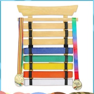 Wood Karate Belt Display Rack, 8 Belt Taekwondo Belt Display with Stickers, Martial Arts Belt Displa