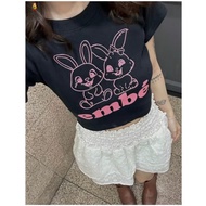 Very hot short-sleeved crop top with 2 baby bunnies printed on it, soft bozip fabric