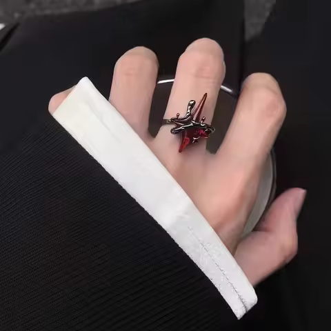 Vintage Red Zircon Cross Open Rings for Women Men Gothic Black Metal Irregular Wrap Star Adjustable 