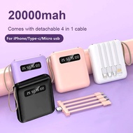 Mini Power Bank 20000mAh with 4in1 DETACHABLE Cables Micro Type C and Lightning Powerbank with LED Torch Light