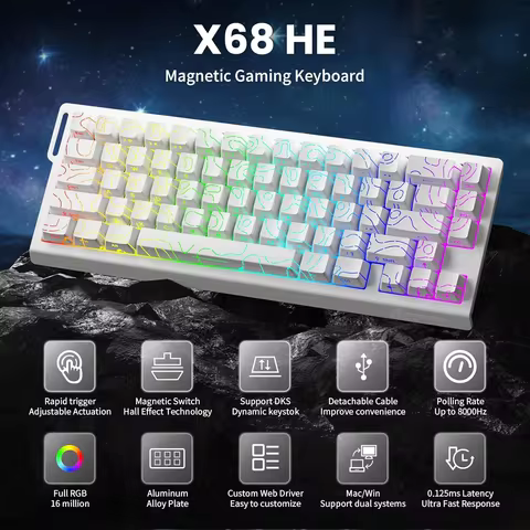 ATTACK SHARK X68 HE Rapid Trigger Keyboard Magnetic Switch 60% Wired 8KHz Hot Swappable Keyboard Wit