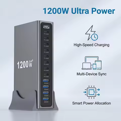 1200W GaN 12-Port Desktop Fast Charger PD3.1 USB Type C Fast Charging Station Adapter for Mobile & T