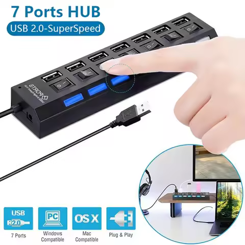 USB HUB USB Switch USB Hub 2.0 Adapter High Speed Multi 7 Ports Hub USB With On/Off Portable USB Spl