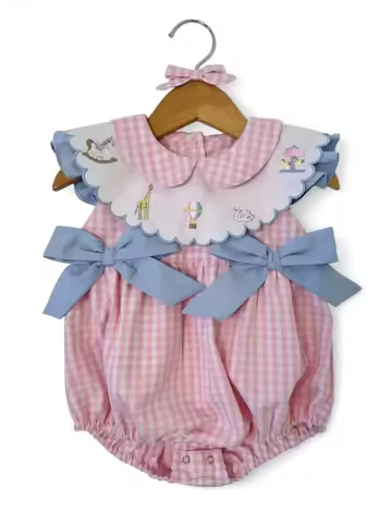0-6Y Girl Summer Pink Plaid Blue Rompers for Birthday Photography B558