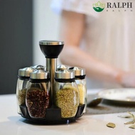 RALPH Spice Storage Container, Stainless Steel Glass Spice Jars Rotating Spice Rack, Durable Tower Shelf Sturdy 360° Rotating Seasoning Bottle Set Kitchen Organizer Box
