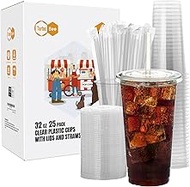 Turbo Bee 25 Sets 32 OZ Clear Plastic Cups with Lids and Straws, Disposable To Go Iced coffee cups w