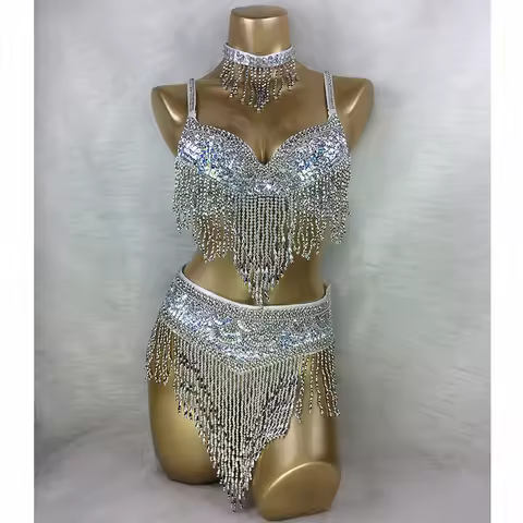 Wholesale Belly Dance Costume 3pcs Set BRA BELT NECKLACE GOLD&SILVER white 4 COLORS #TF201,34D/DD,36