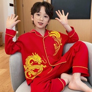 ชุดนอนสีแดงปีนักษัตรมังกรแบบใหม่ปี2024ชุดเสื้อผ้าใส่ในบ้านแขนยาวผ้าฝ้ายแท้สำหรับเด็กชายเด็กชายเด็กโต