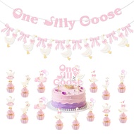 One Silly Goose 1st Birthday Party Decor Set Banner & Cupcake Toppers for Baby Girl First Birthday