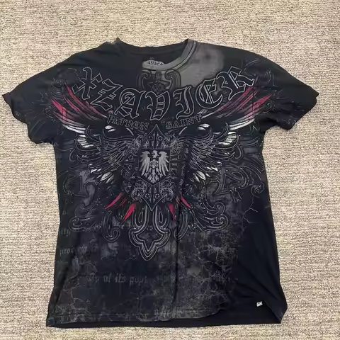 Men's Large Black Red Affliction-Style Xzavier Shirt Vintage Grunge Streetwear Y2K Retro Distressed
