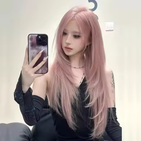 Pink Long Straight Hair Wig Women's Y2K Spicy Girl Full Head Cover Lolita Cos Middle Part High Layer